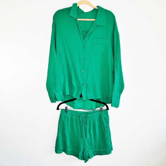 NWOT Amazon Two Piece Long Sleeve Button Down Shirt and Shorts Matching Set Lg - Picture 16 of 16